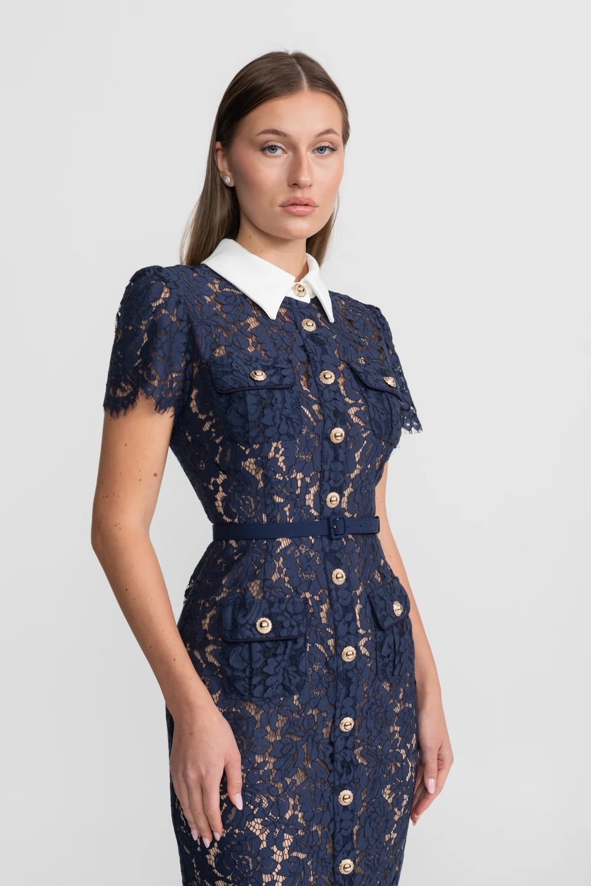 Women's Floral Lace Midi Dress – Navy