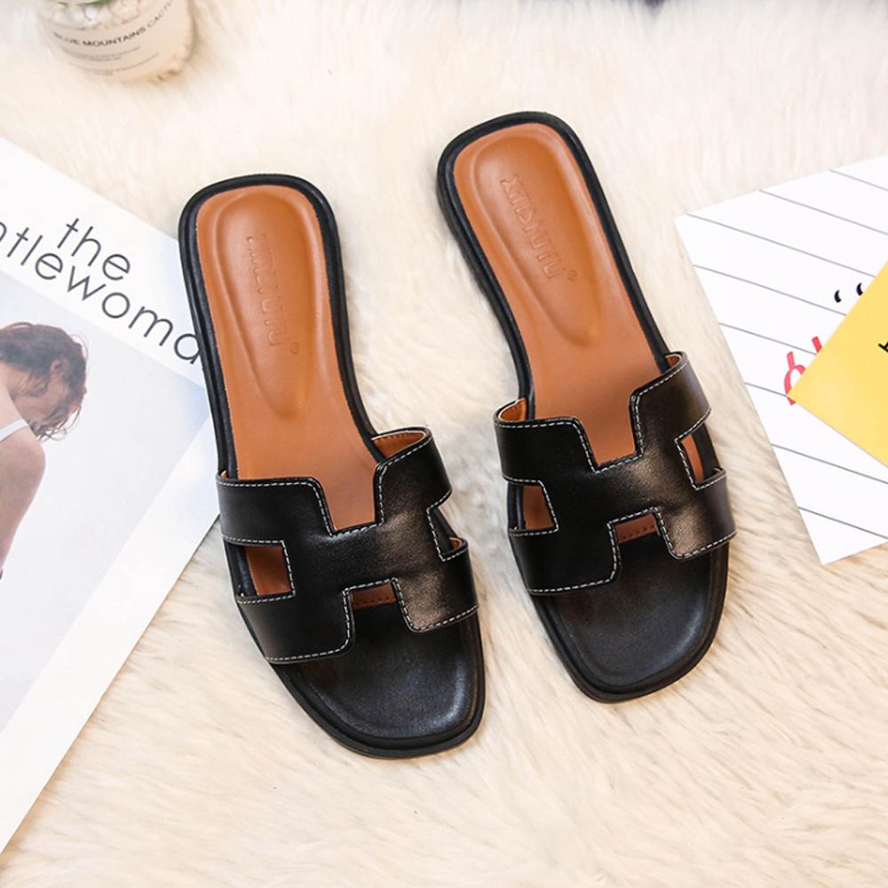 Women's Leather H-Strap Low Heel Sandals