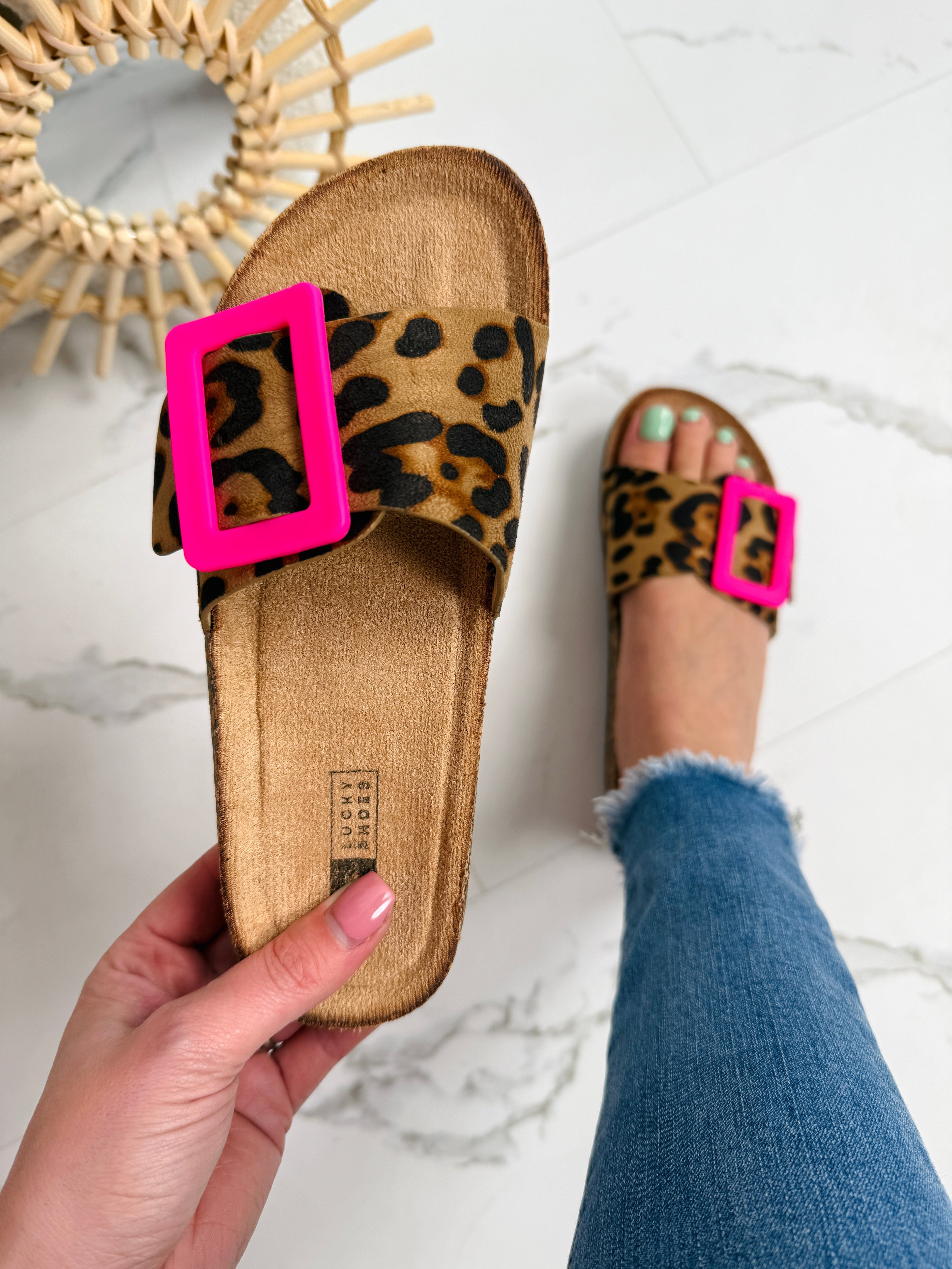 Women's Leopard Buckle Slides