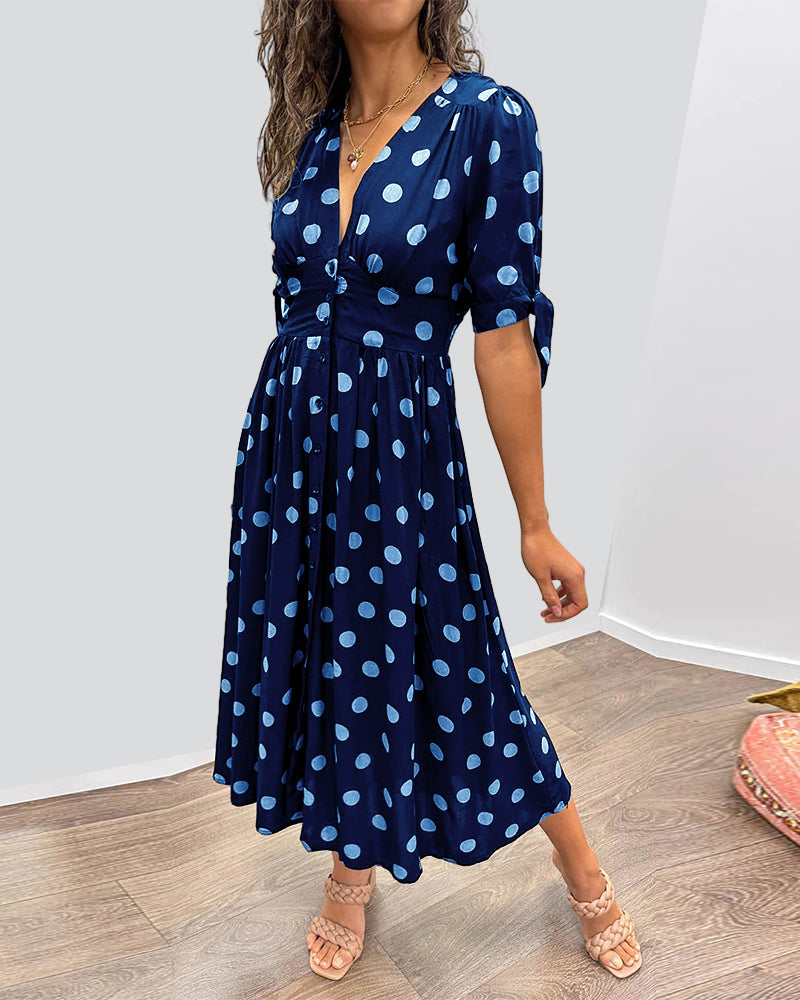 Women's Polka Dot V-Neck Midi Dress