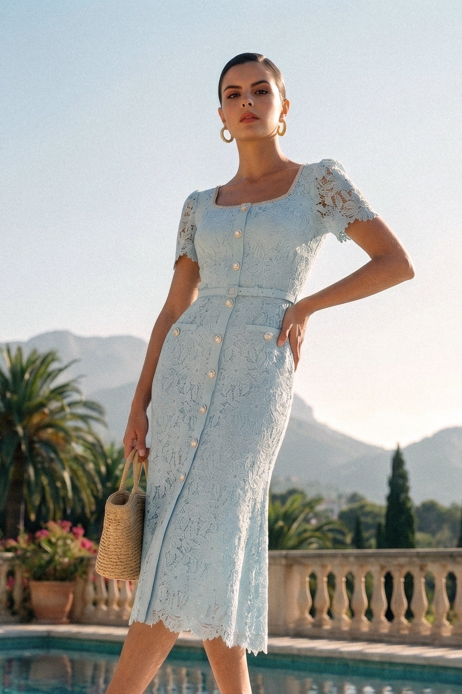 Women's Delicate Azure Lace Midi Dress – Baby Blue