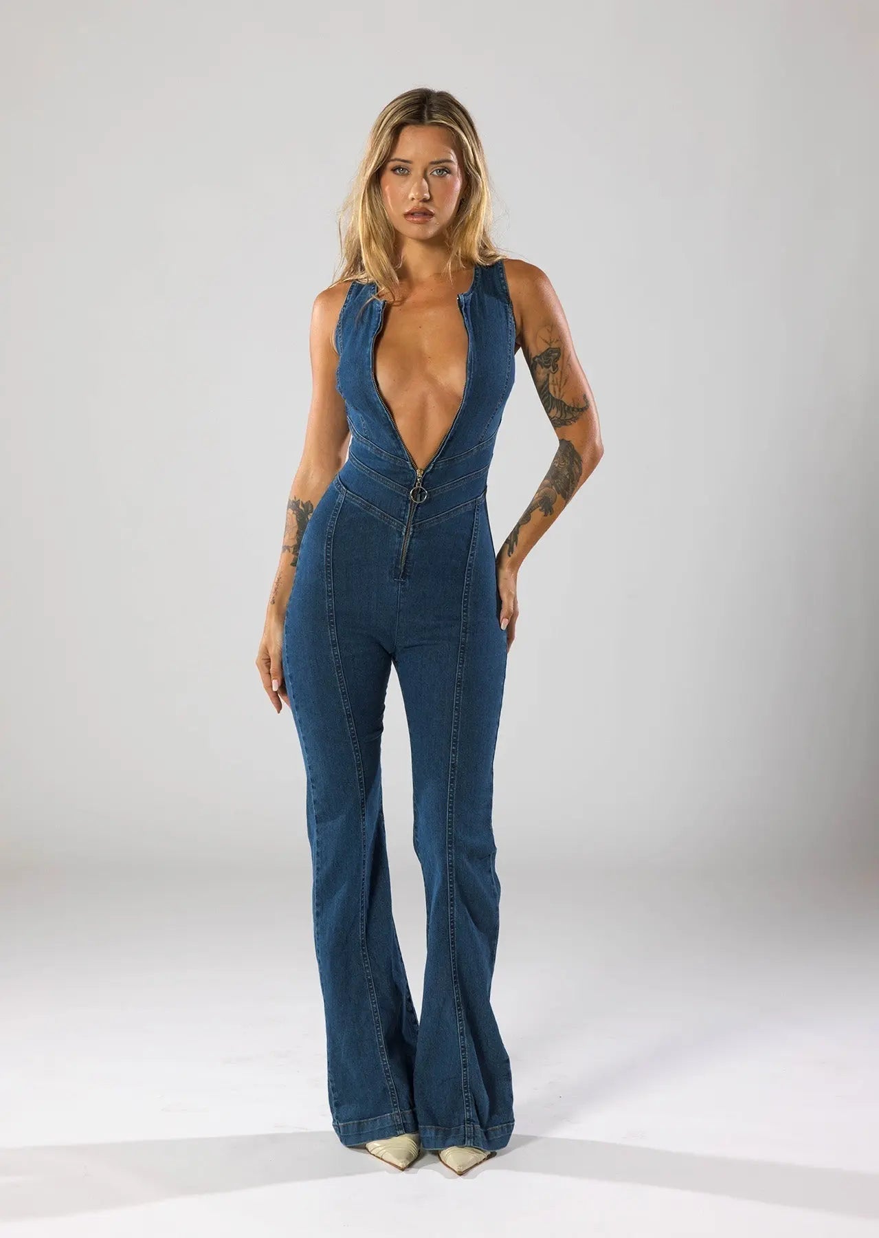 Women's Plunge Neck Denim Jumpsuit