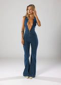 Women's Plunge Neck Denim Jumpsuit