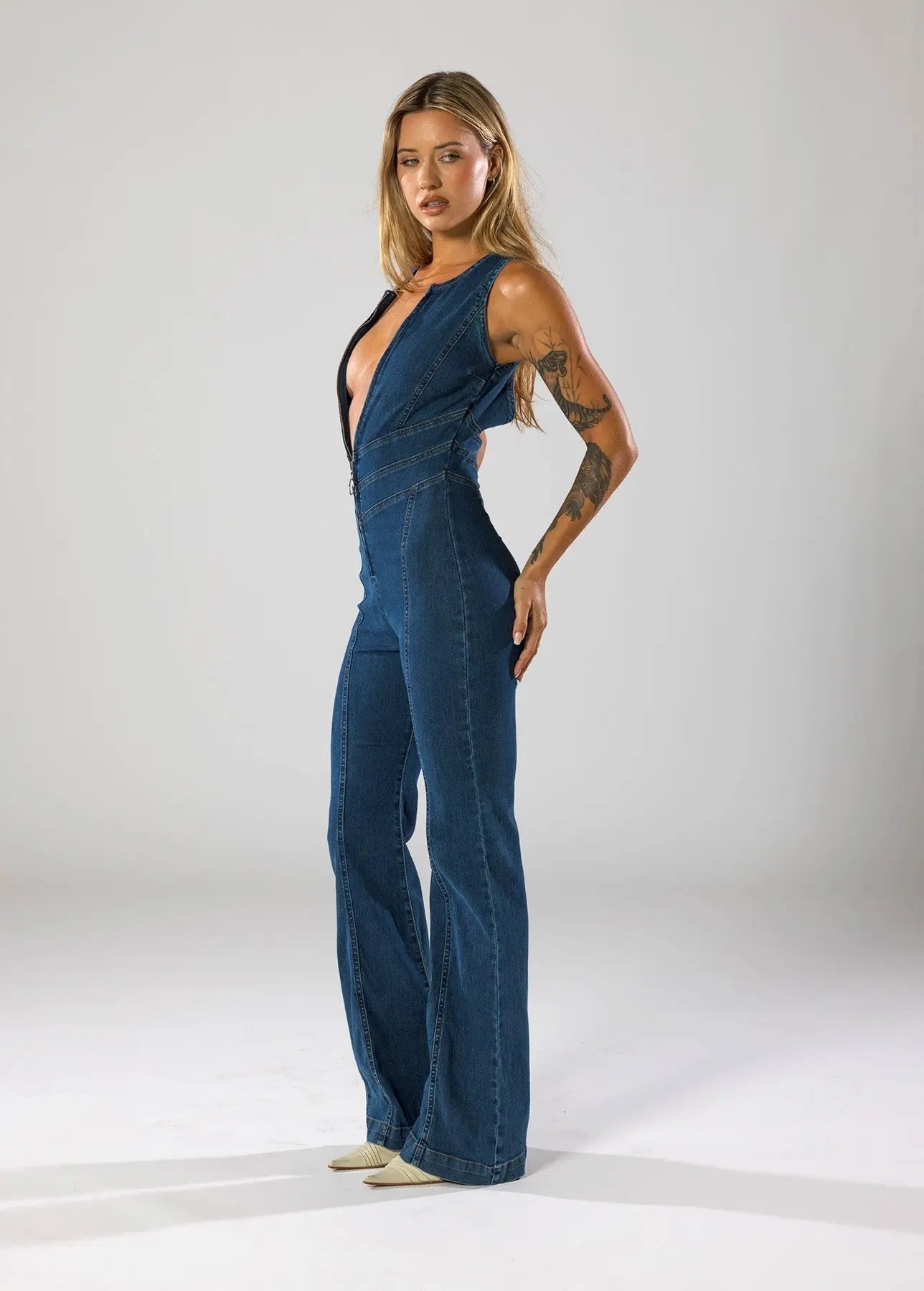 Women's Plunge Neck Denim Jumpsuit