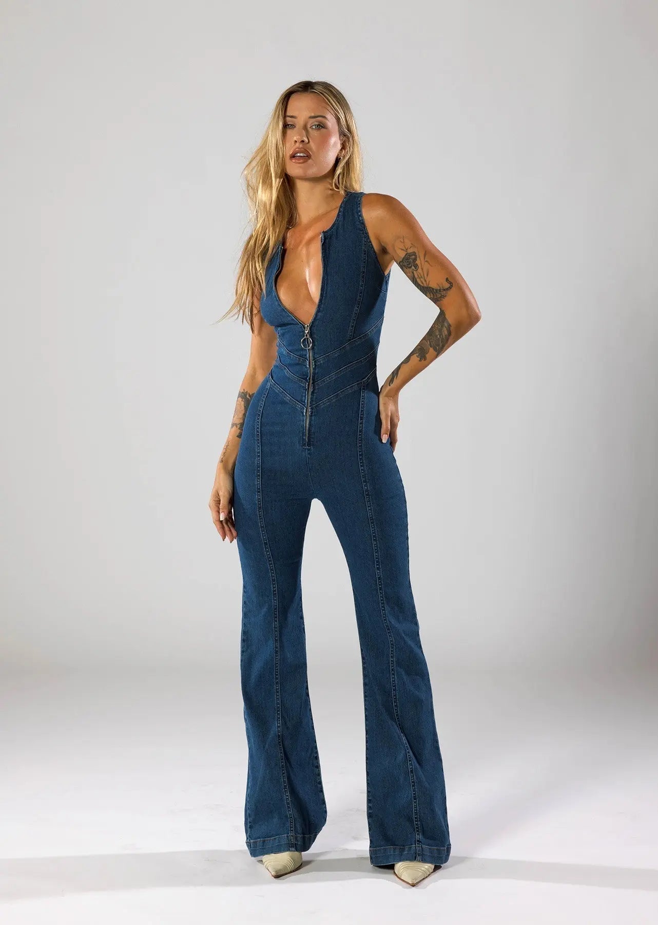 Women's Plunge Neck Denim Jumpsuit