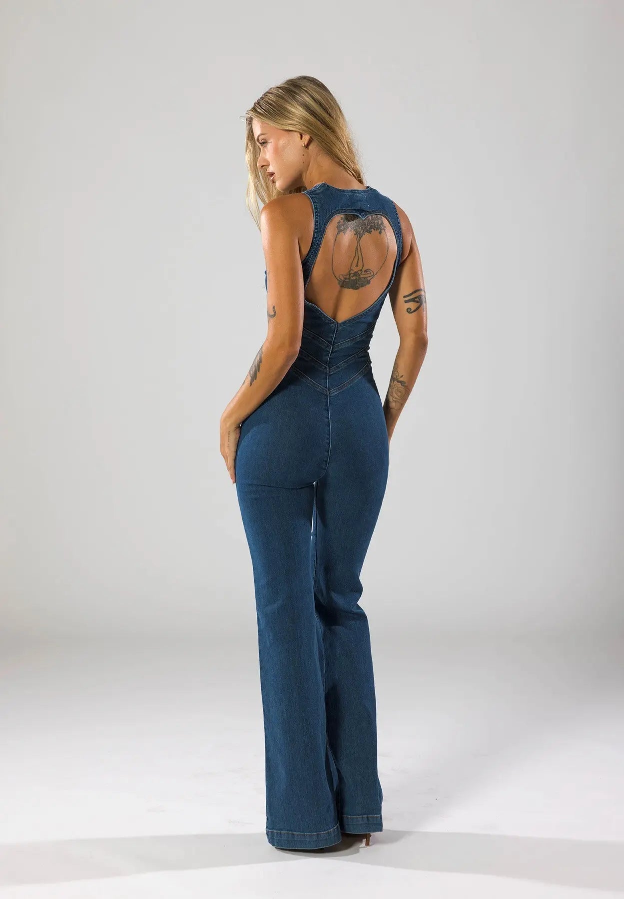 Women's Plunge Neck Denim Jumpsuit