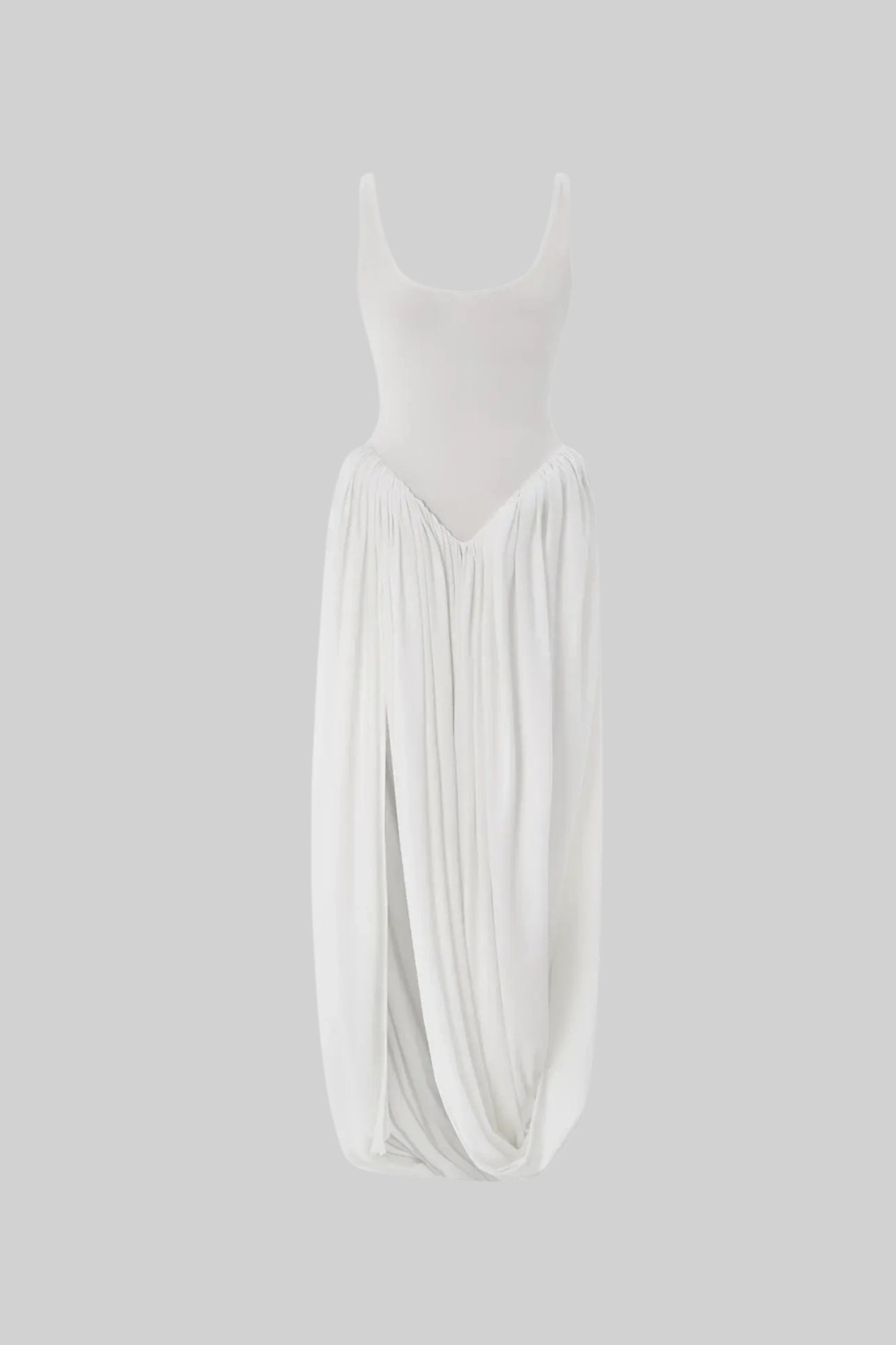 Women's Draped Maxi Dress with Side Slit – White