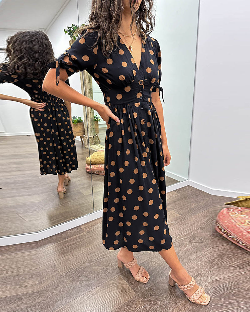 Women's Polka Dot V-Neck Midi Dress
