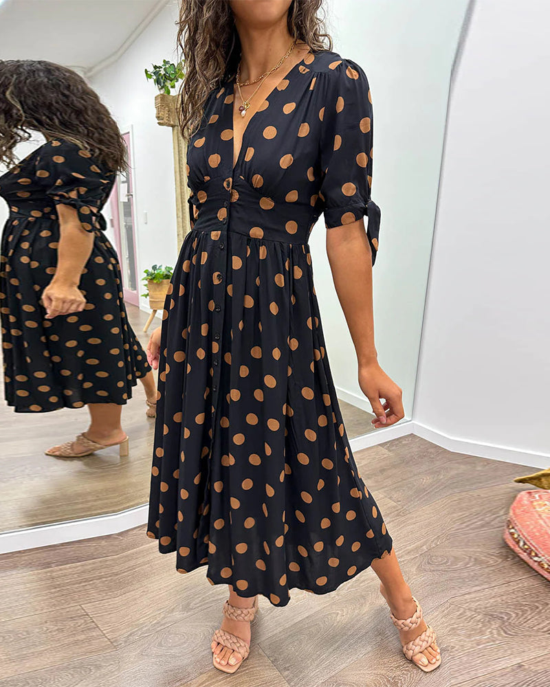 Women's Polka Dot V-Neck Midi Dress