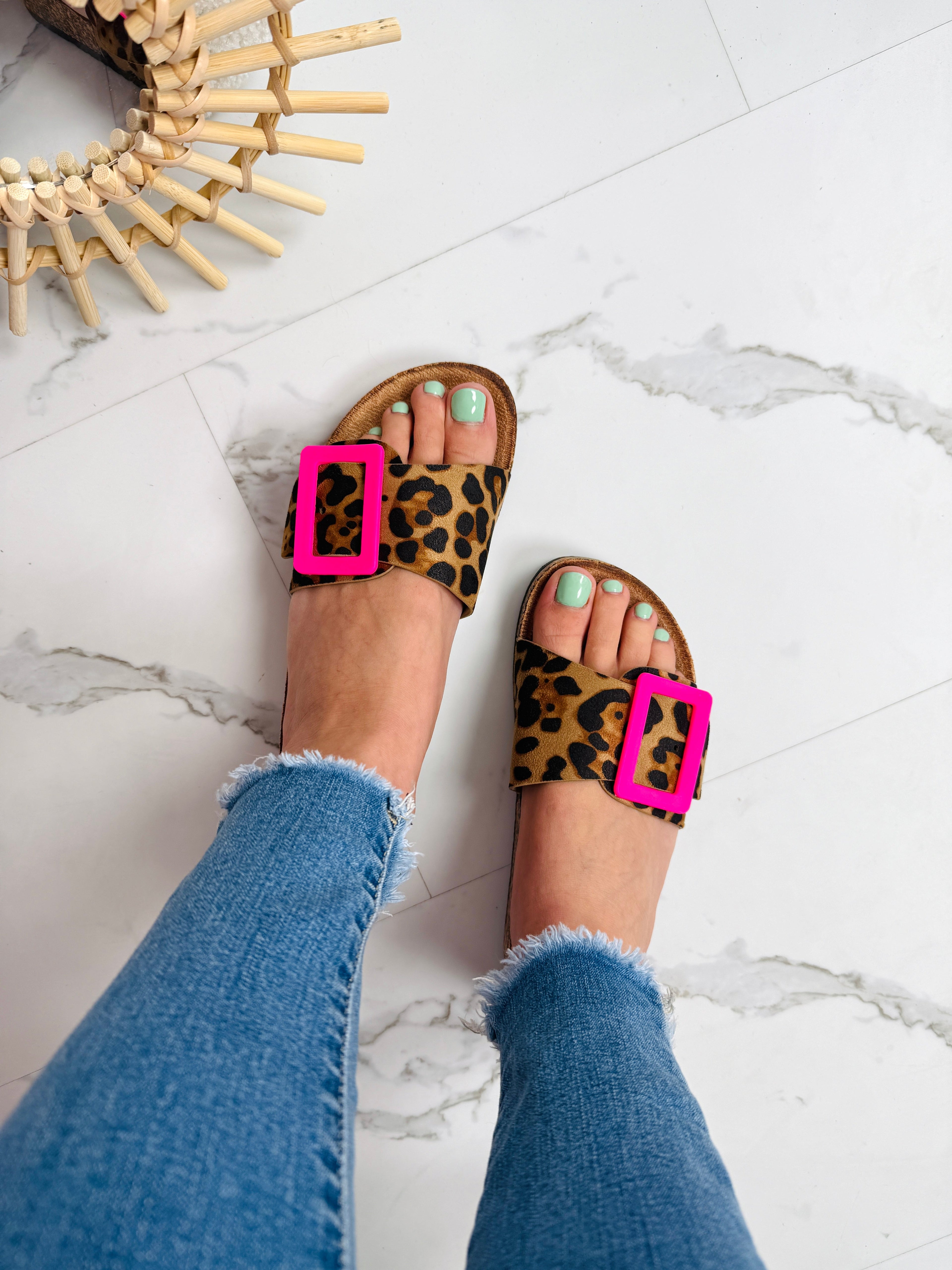 Women's Leopard Buckle Slides