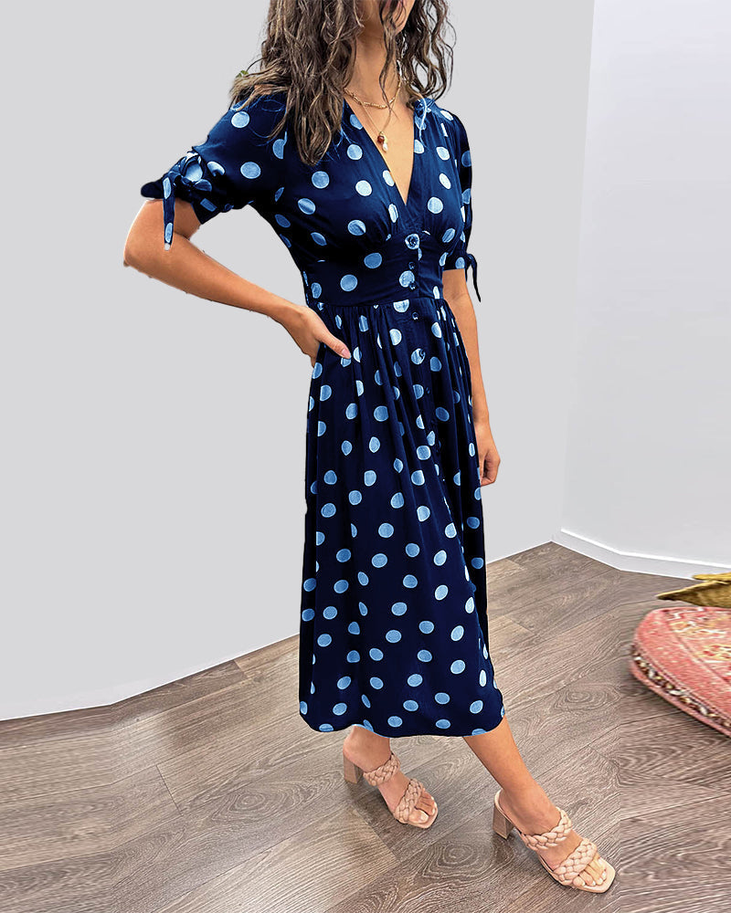 Women's Polka Dot V-Neck Midi Dress