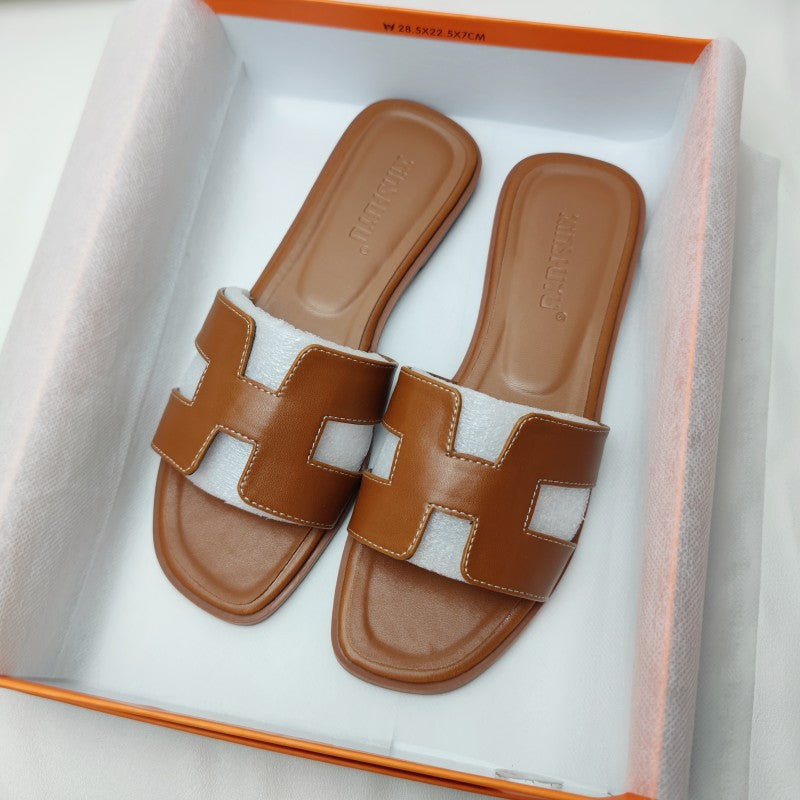 Women's Leather H-Strap Low Heel Sandals