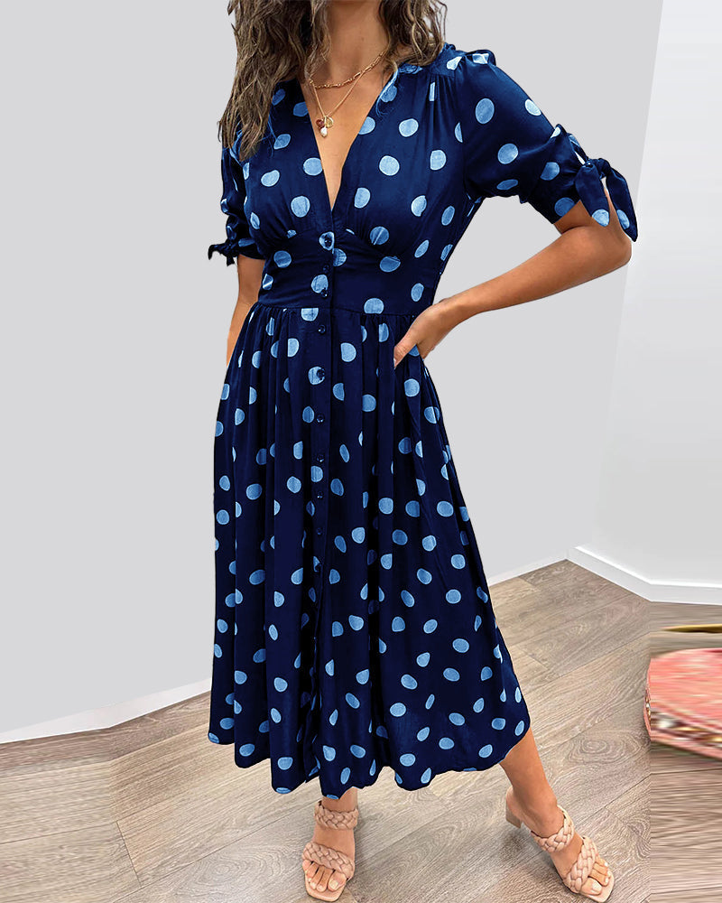 Women's Polka Dot V-Neck Midi Dress