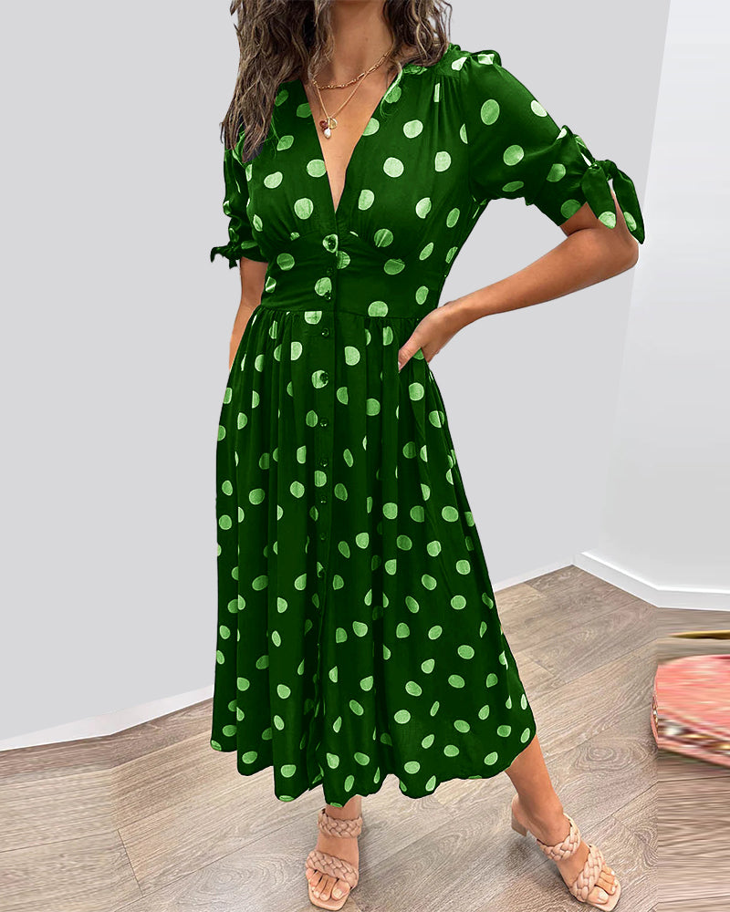 Women's Polka Dot V-Neck Midi Dress