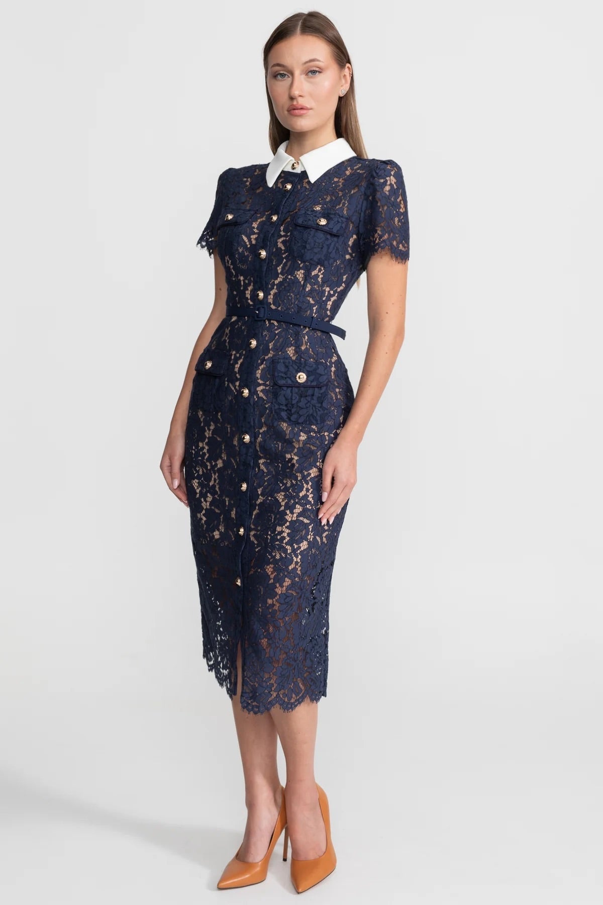 Women's Floral Lace Midi Dress – Navy