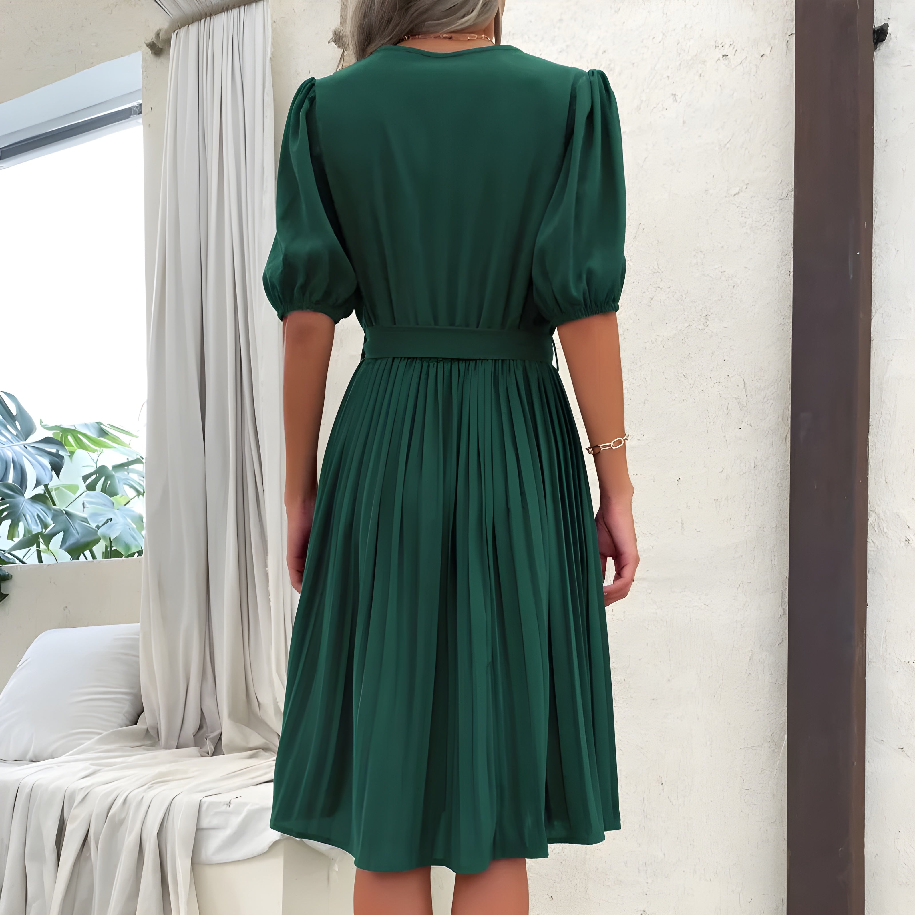 Women's Elegant Pleated V-Neck Dress