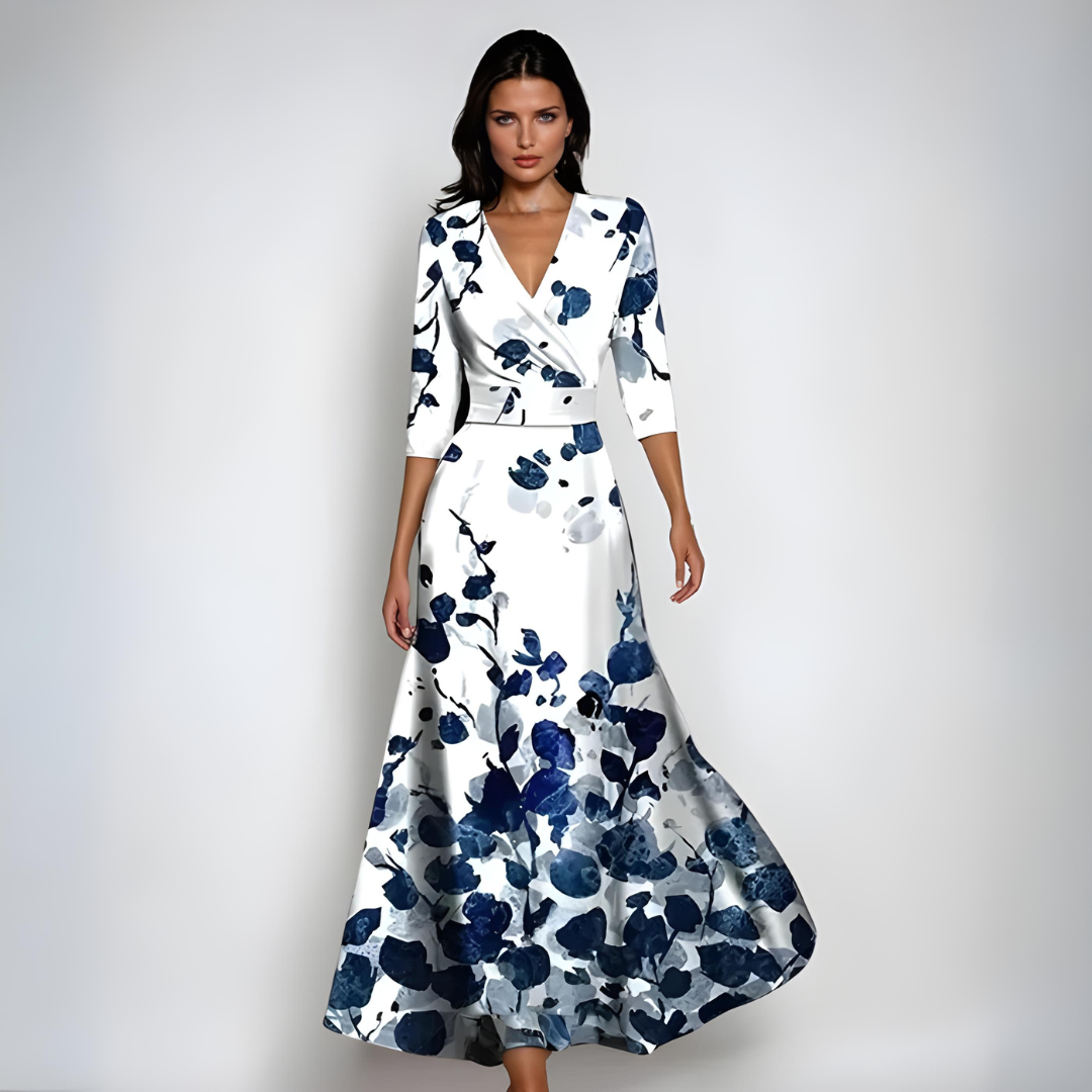 Women's Floral Maxi Dress – White/Blue