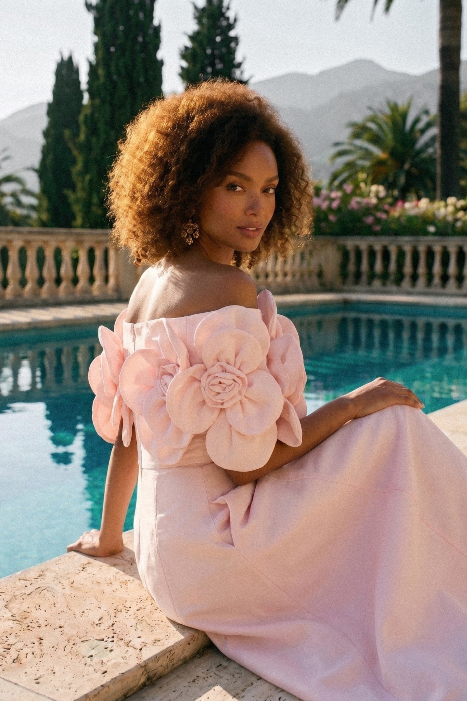 Women's Off-Shoulder Floral Midi Dress – Pink