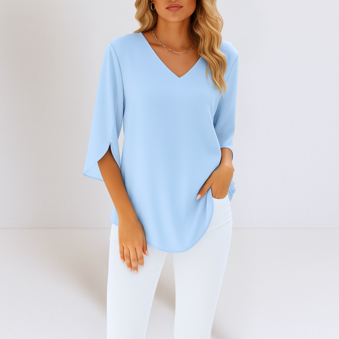 V-Neck Split Sleeve Blouse – Blue