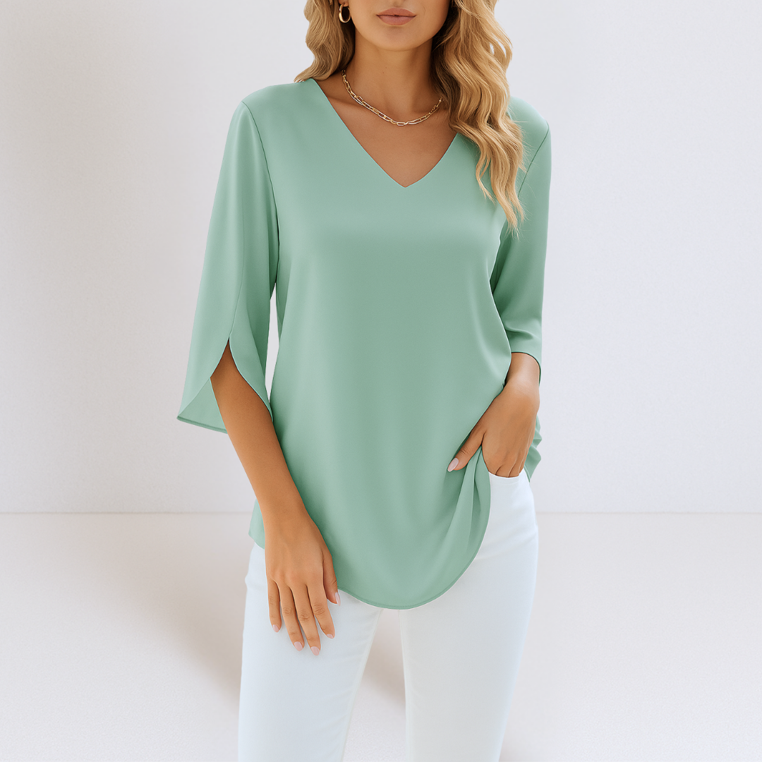 V-Neck Split Sleeve Blouse – Blue