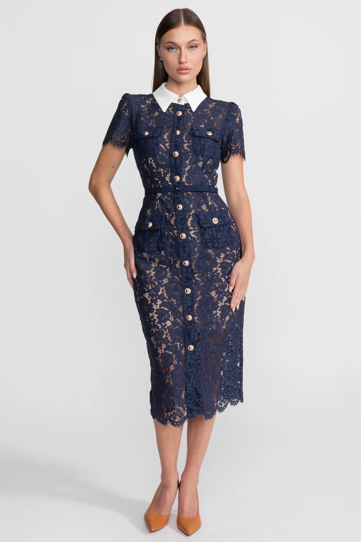 Women's Floral Lace Midi Dress – Navy