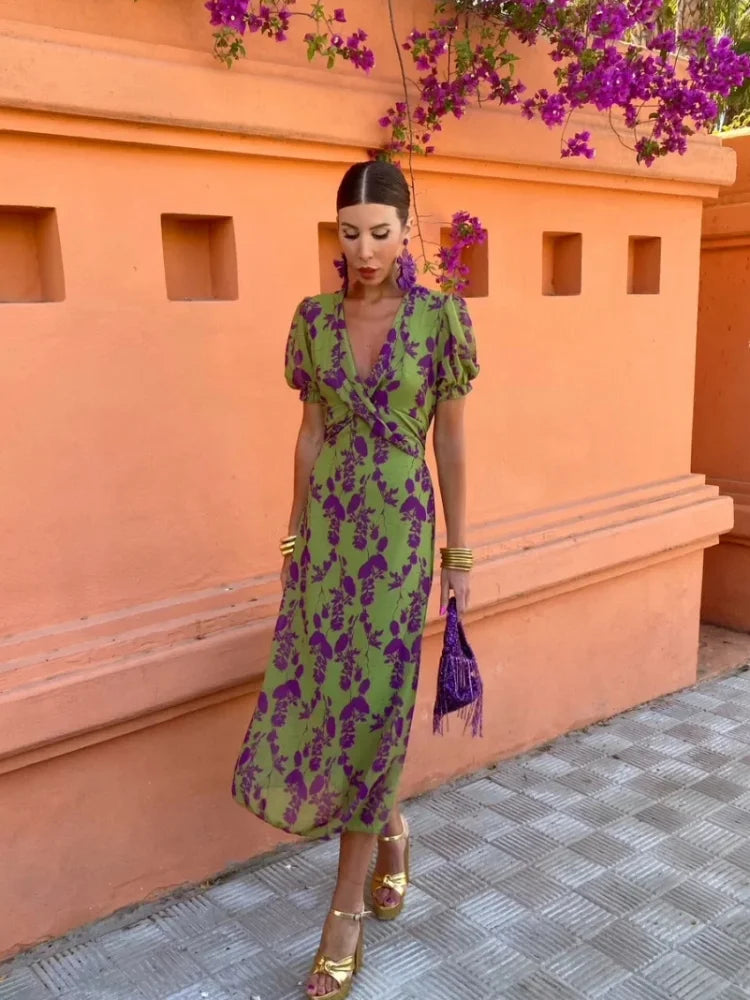 Women's Elegant Summer Dress – Green/Lilac