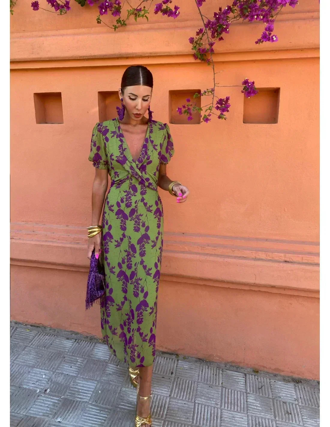 Women's Elegant Summer Dress – Green/Lilac