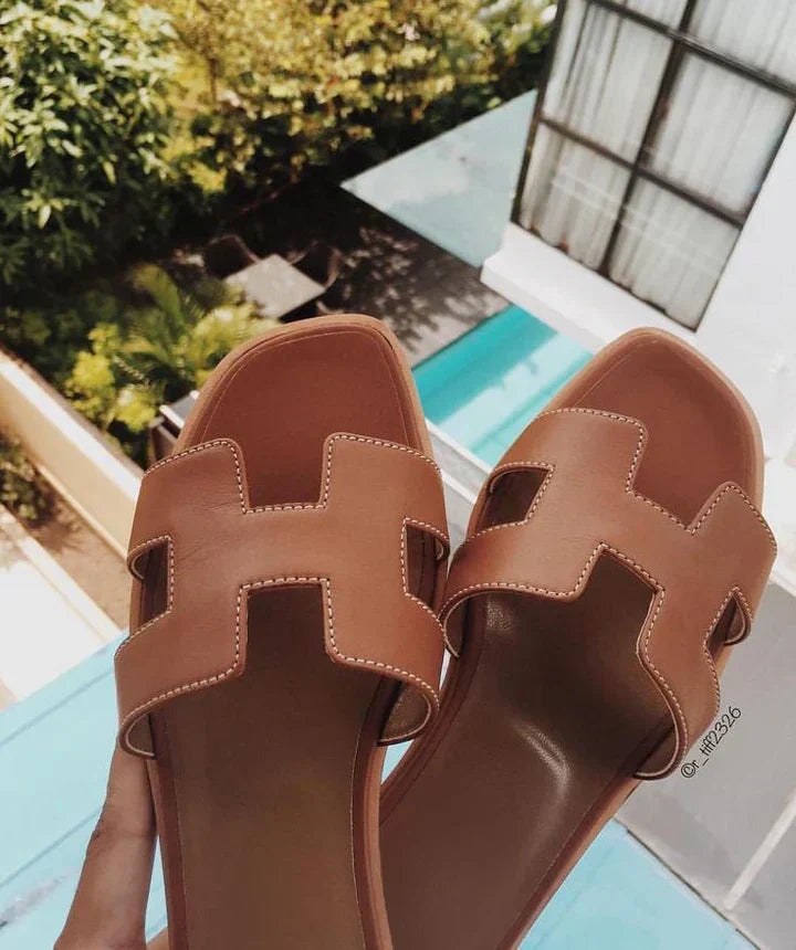 Women's Leather H-Strap Low Heel Sandals