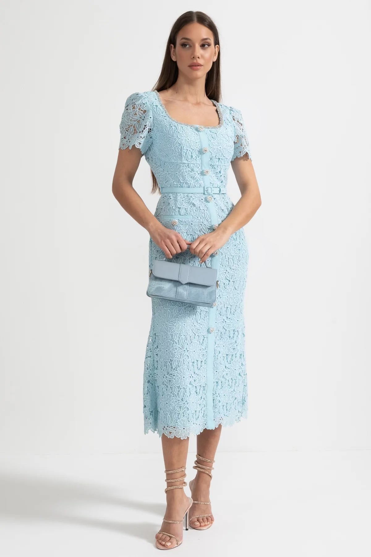 Women's Delicate Azure Lace Midi Dress – Baby Blue