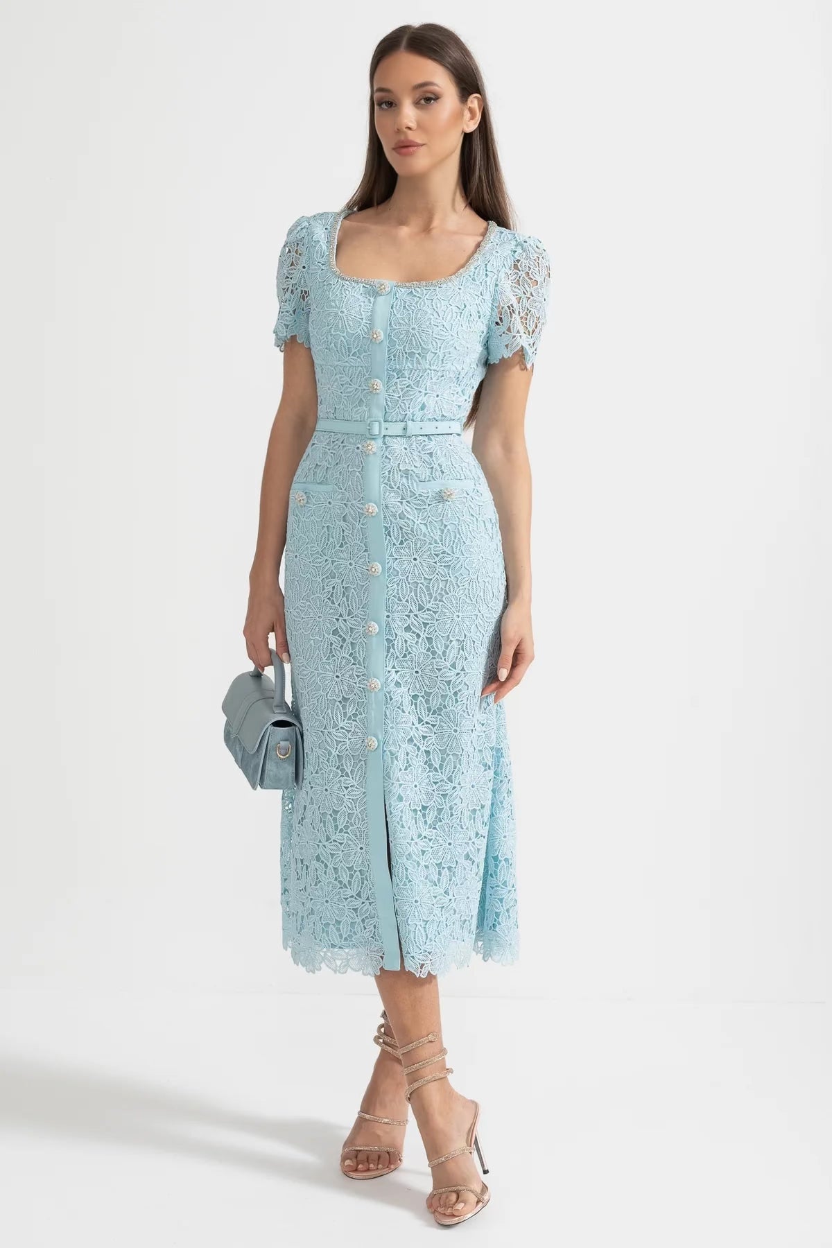 Women's Delicate Azure Lace Midi Dress – Baby Blue