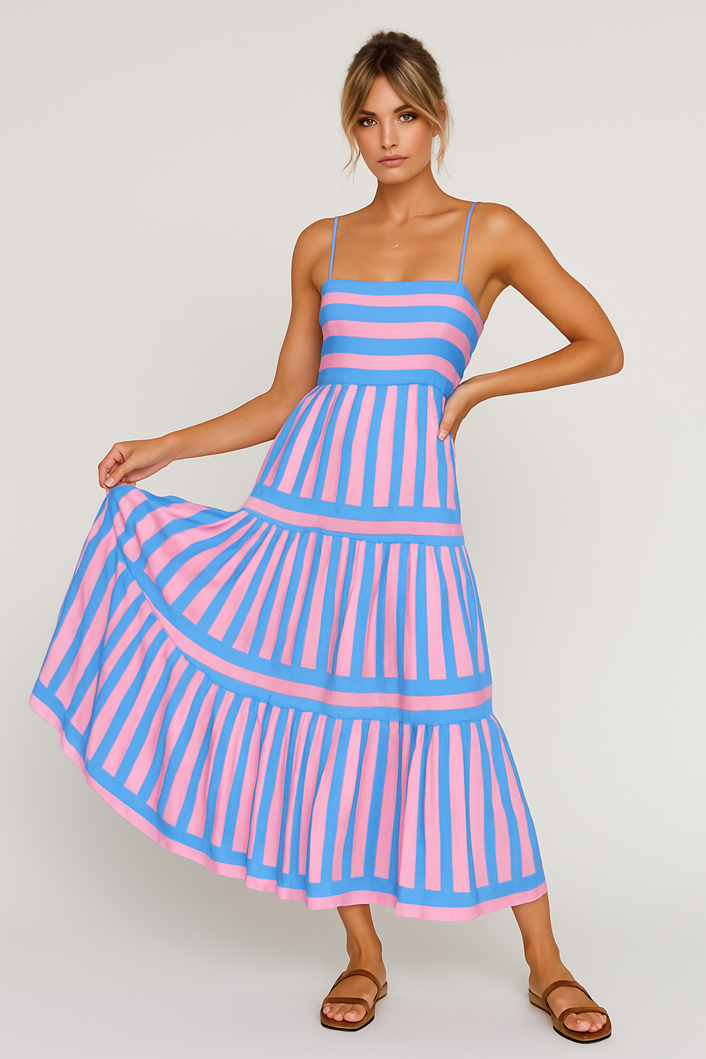 Women's Striped Maxi Dress with Adjustable Straps
