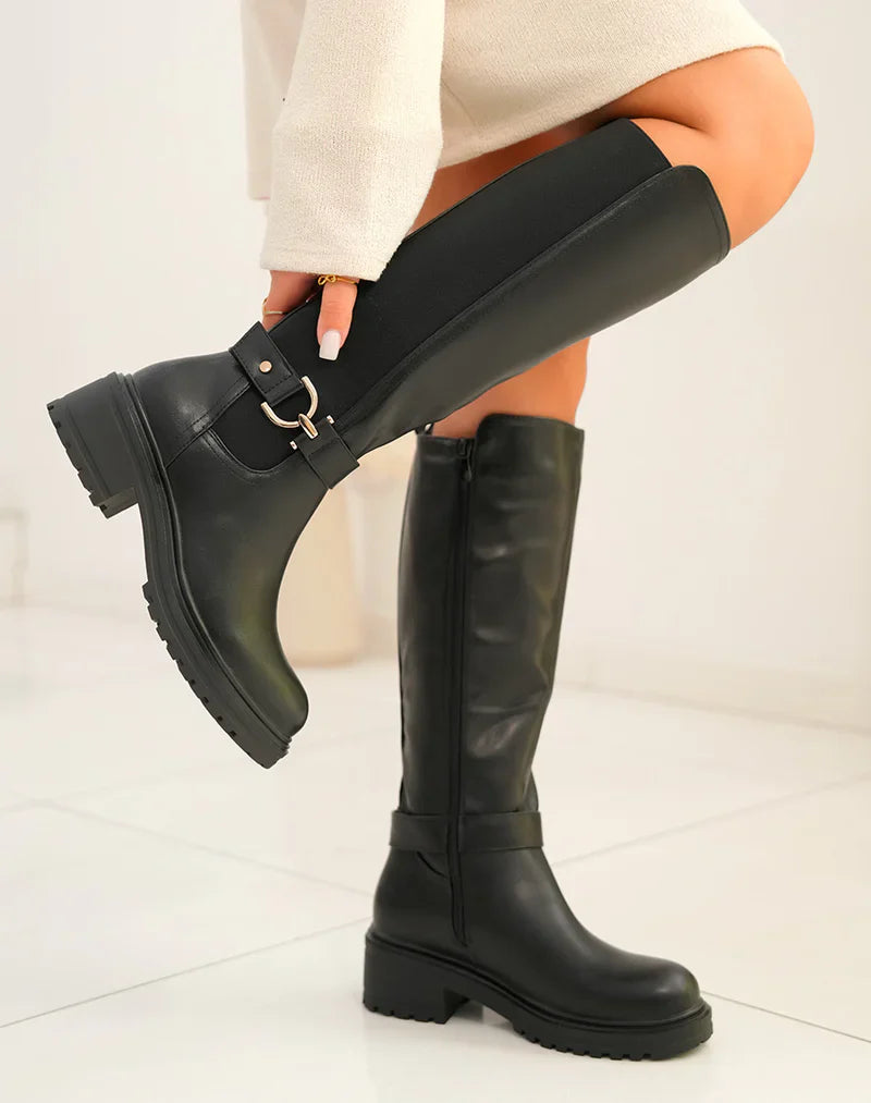 Women's Black High Boots with Gold Detail