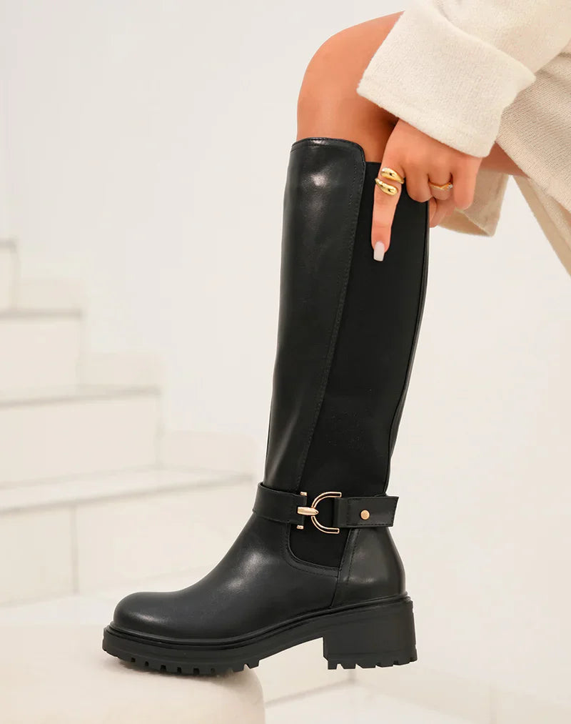 Women's Black High Boots with Gold Detail