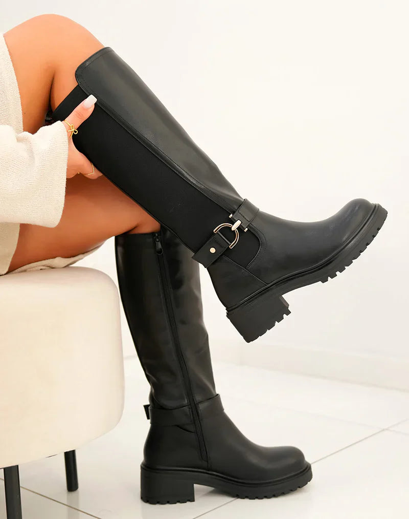 Women's Black High Boots with Gold Detail