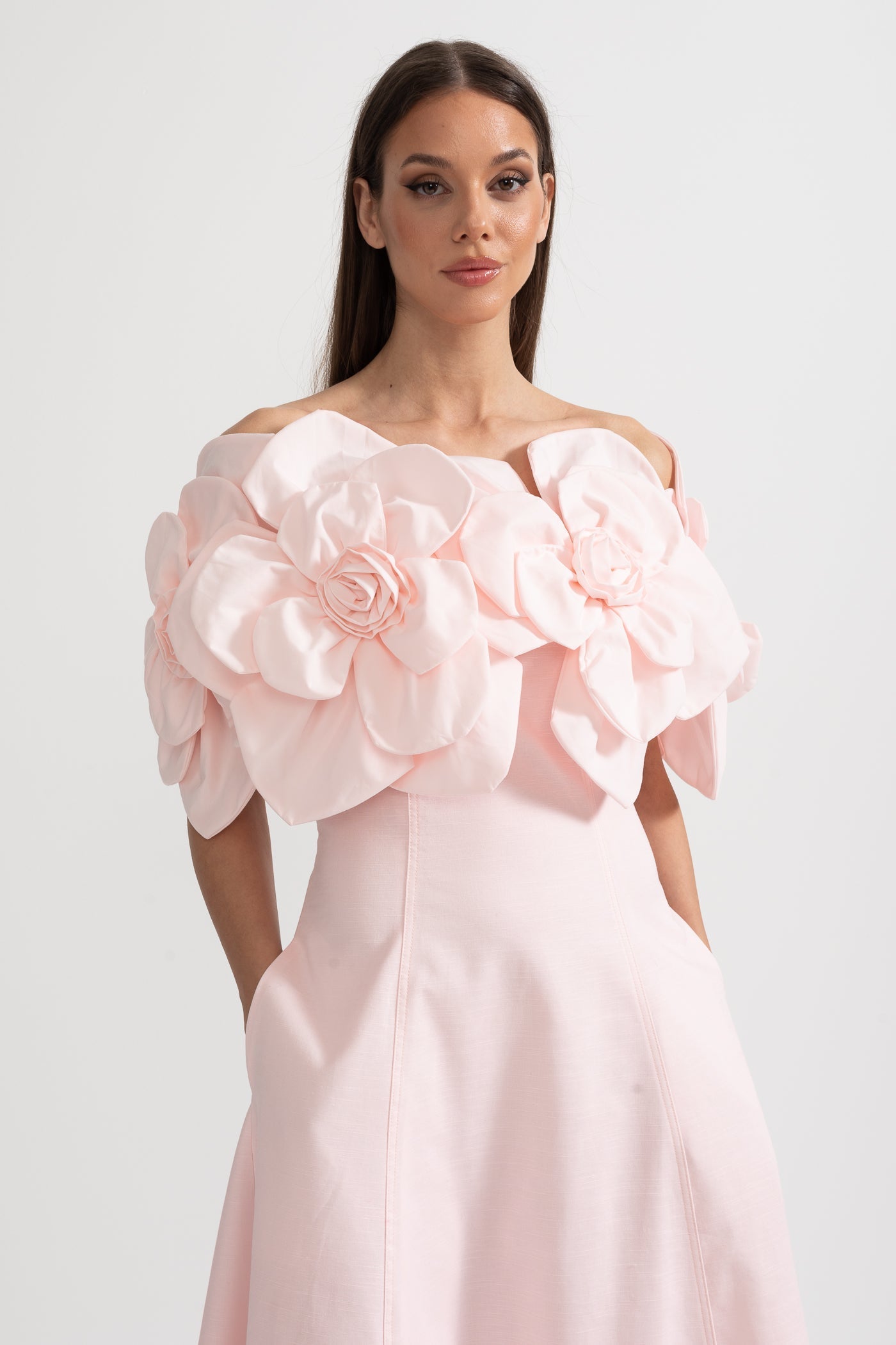 Women's Off-Shoulder Floral Midi Dress – Pink