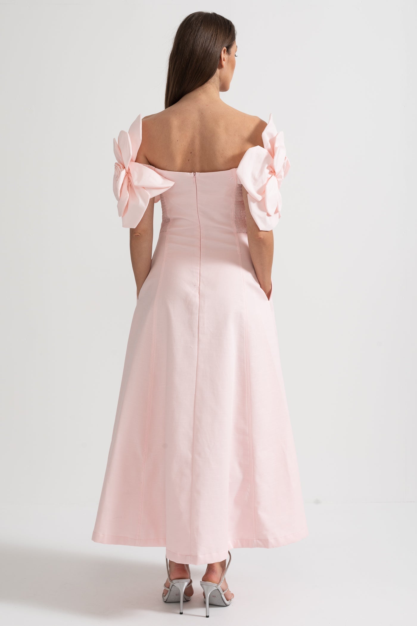 Women's Off-Shoulder Floral Midi Dress – Pink