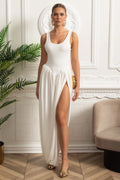 Women's Draped Maxi Dress with Side Slit – White