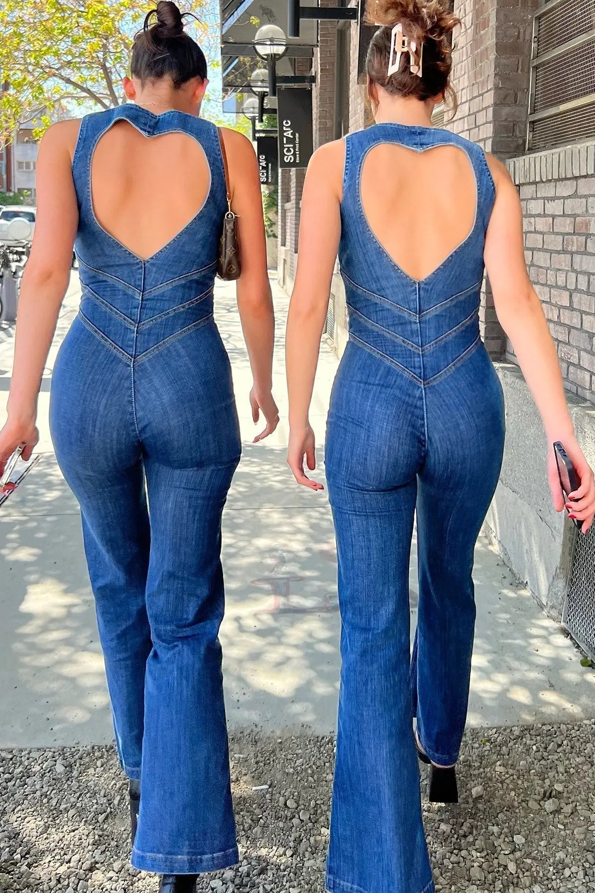 Women's Plunge Neck Denim Jumpsuit