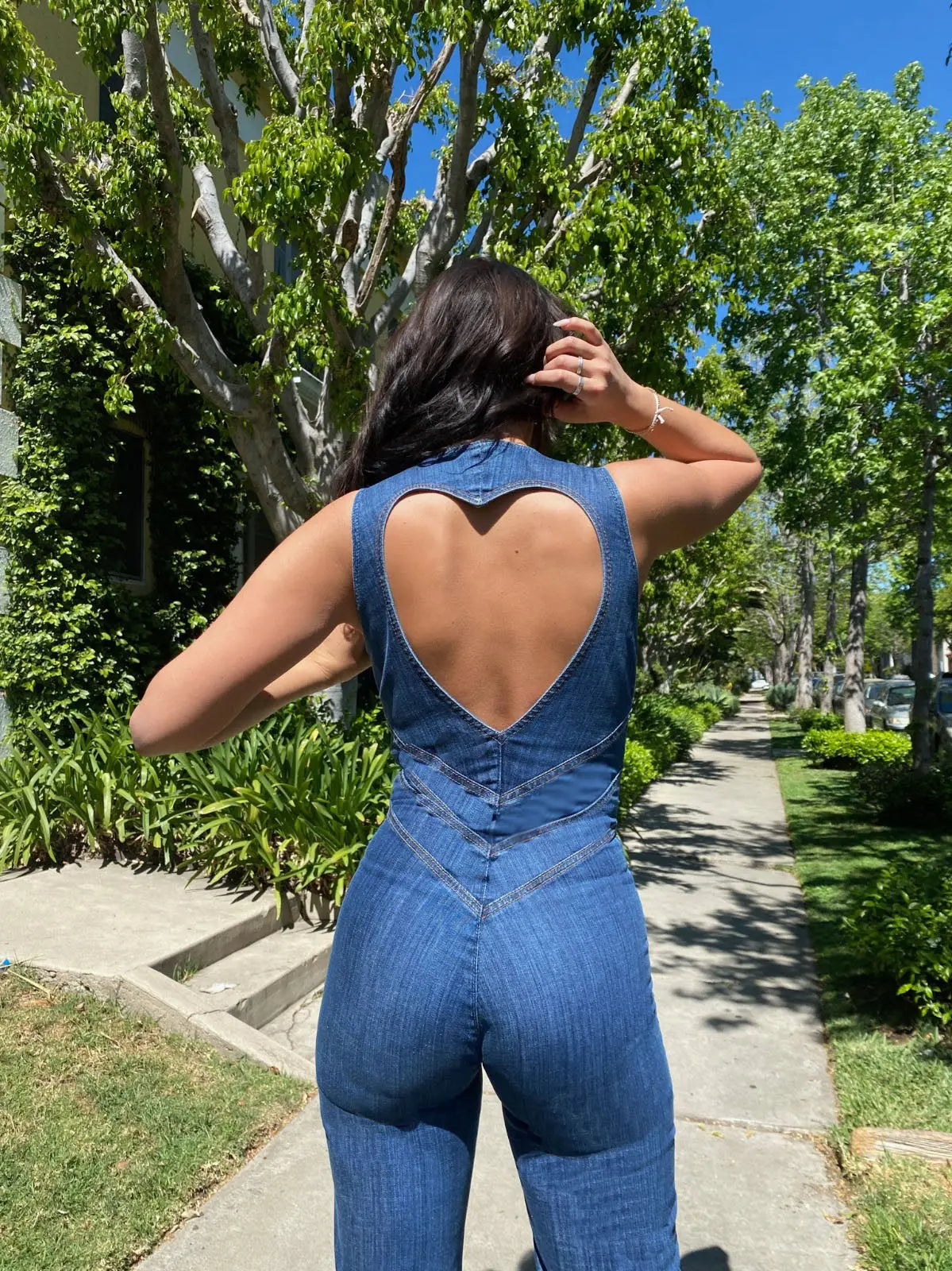 Women's Plunge Neck Denim Jumpsuit