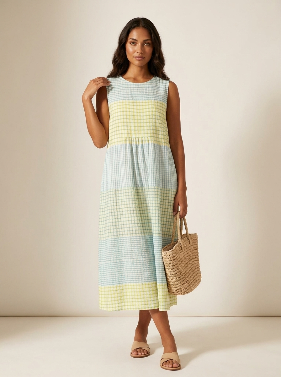 Women's Checked Print Sleeveless Midi Dress