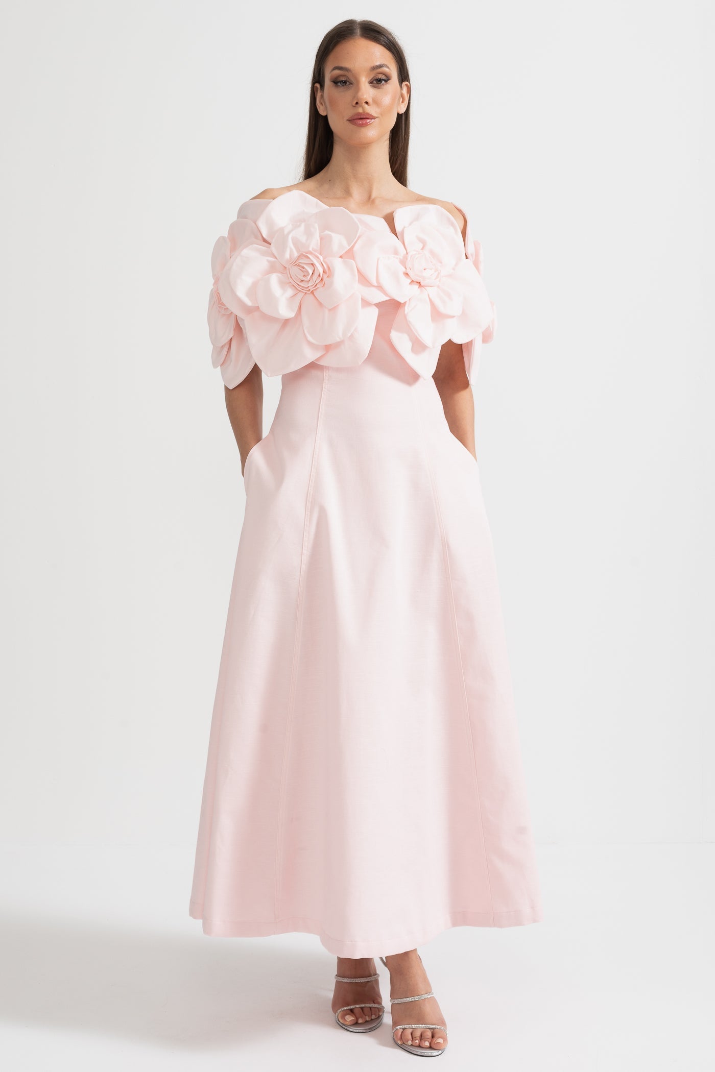 Women's Off-Shoulder Floral Midi Dress – Pink