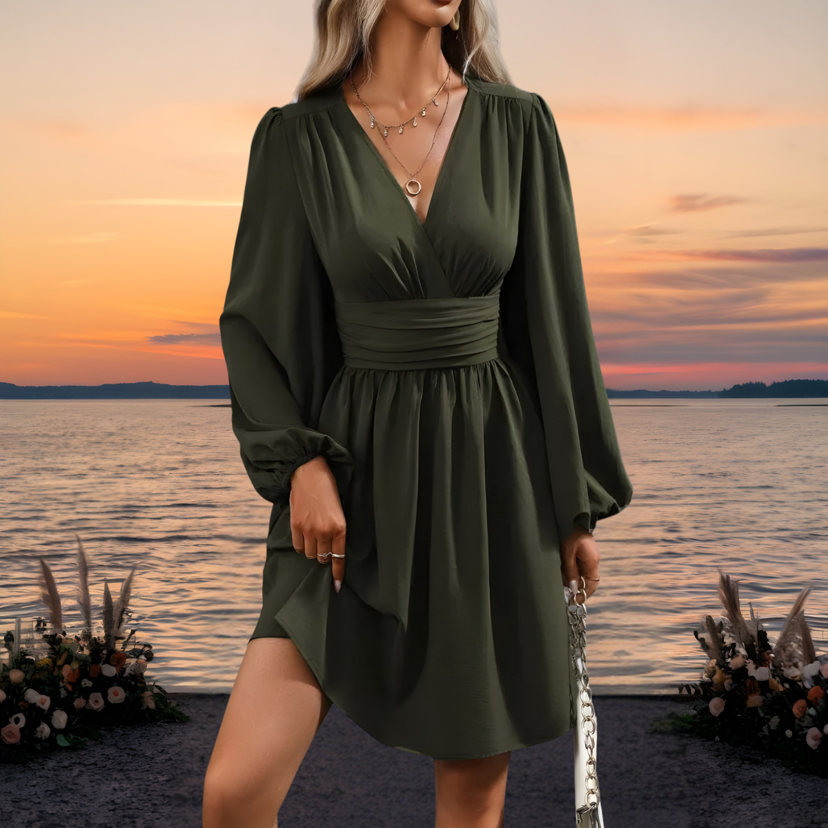 Women's Elegant Refined Dress – Olive Green