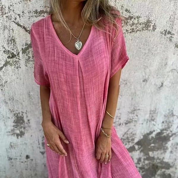 Women's Loose V-Neck Dress – Pink