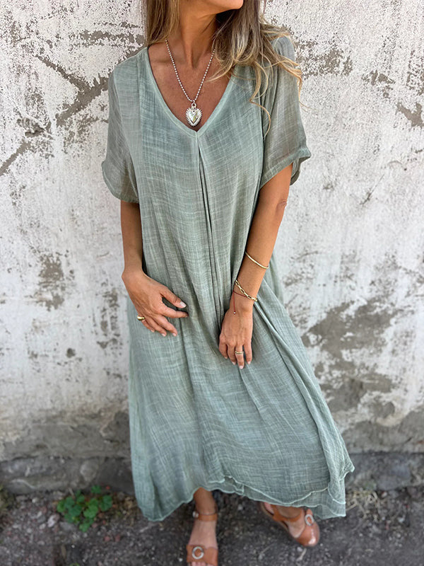Women's Loose V-Neck Dress – Green