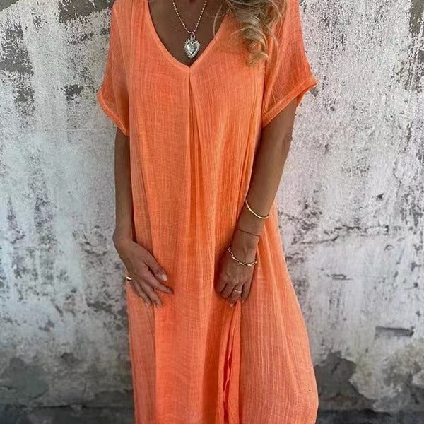 Women's Loose V-Neck Dress – Orange
