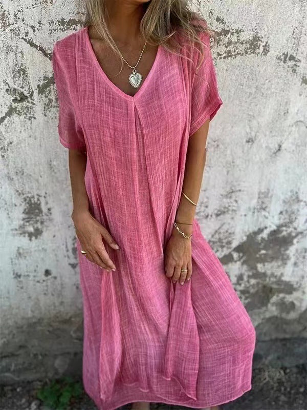 Women's Loose V-Neck Dress – Pink