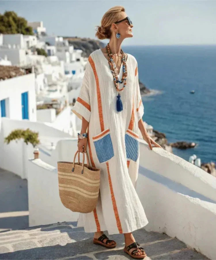 Women's Striped Linen Kaftan Maxi Dress