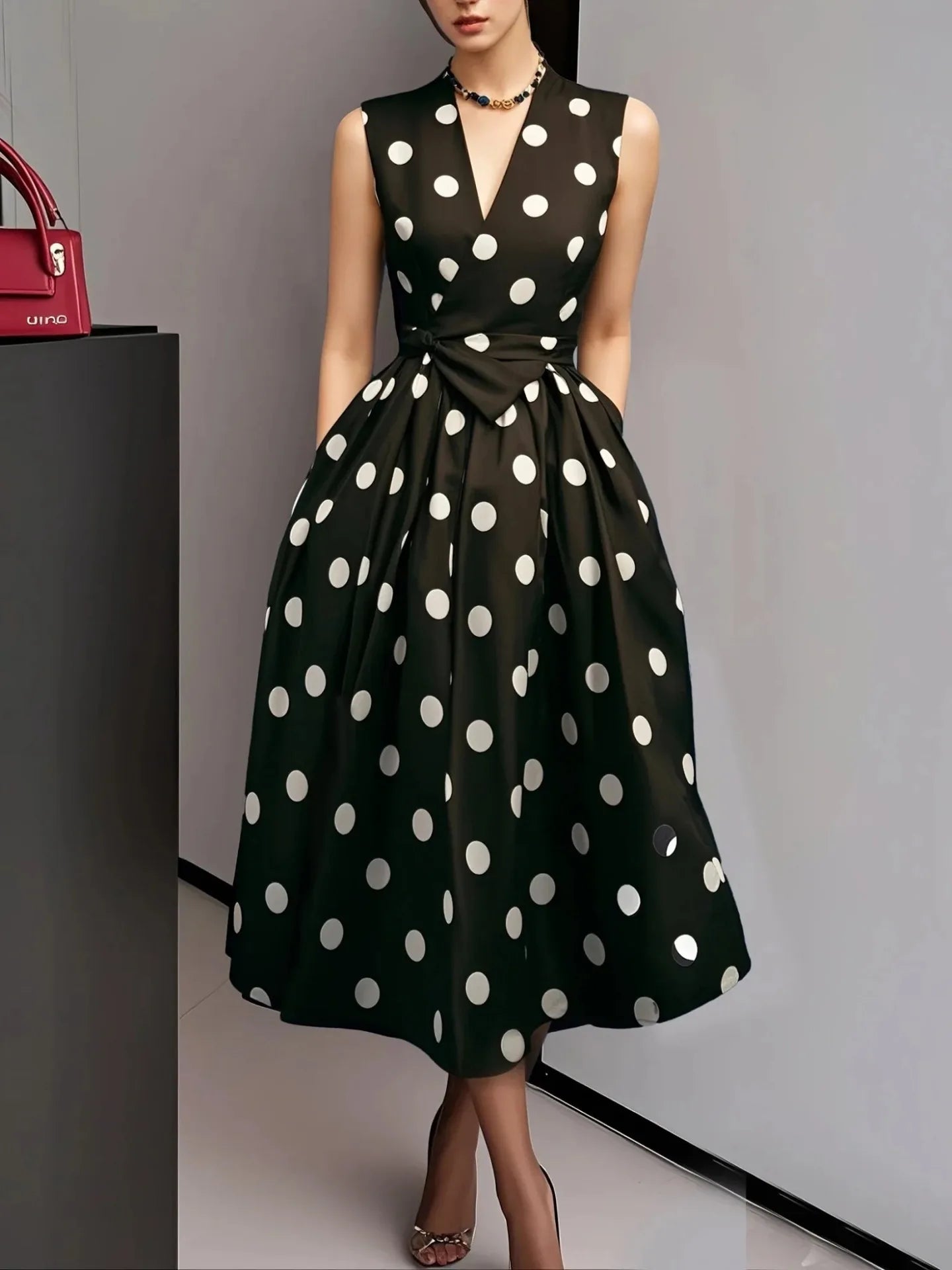 Women's Polka Dot V-Neck Lace-Up Dress