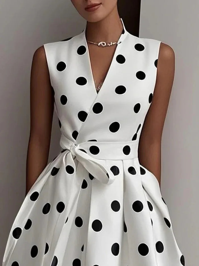 Women's Polka Dot V-Neck Lace-Up Dress