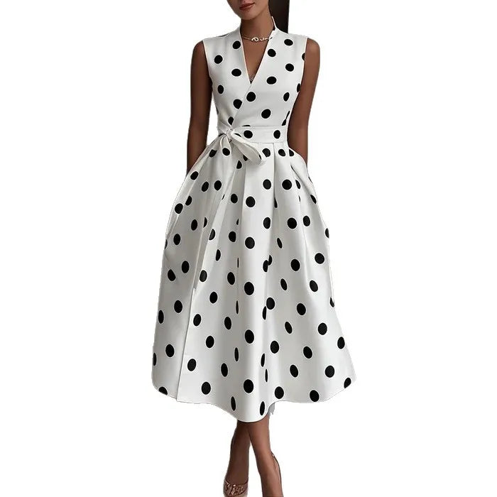Women's Polka Dot V-Neck Lace-Up Dress